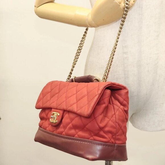 CHANEL Matelasse Chain Shoulder Bag Grained Calf Skin Red CC Auth - Picture 1 of 16